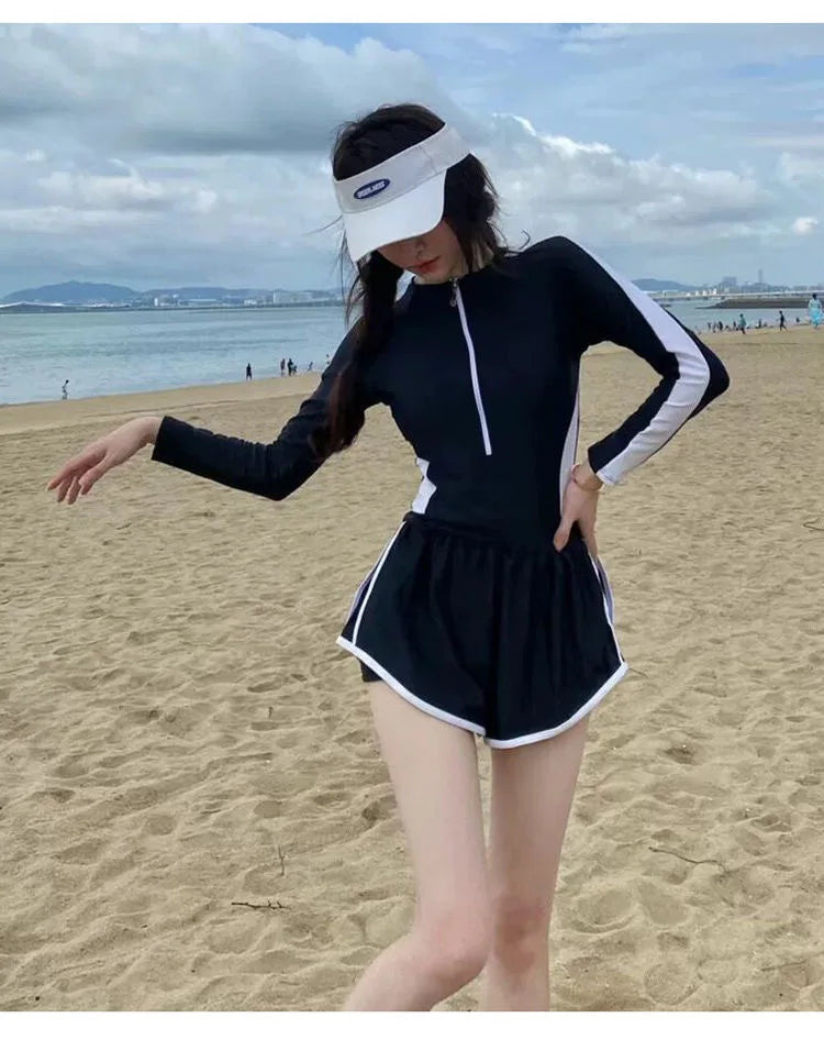 New Women's Swimsuit, One-piece Coverage Slimming Effect  Conservative Sports Style Hot Spring Flat Leg Pants Swimsuit Plus Size