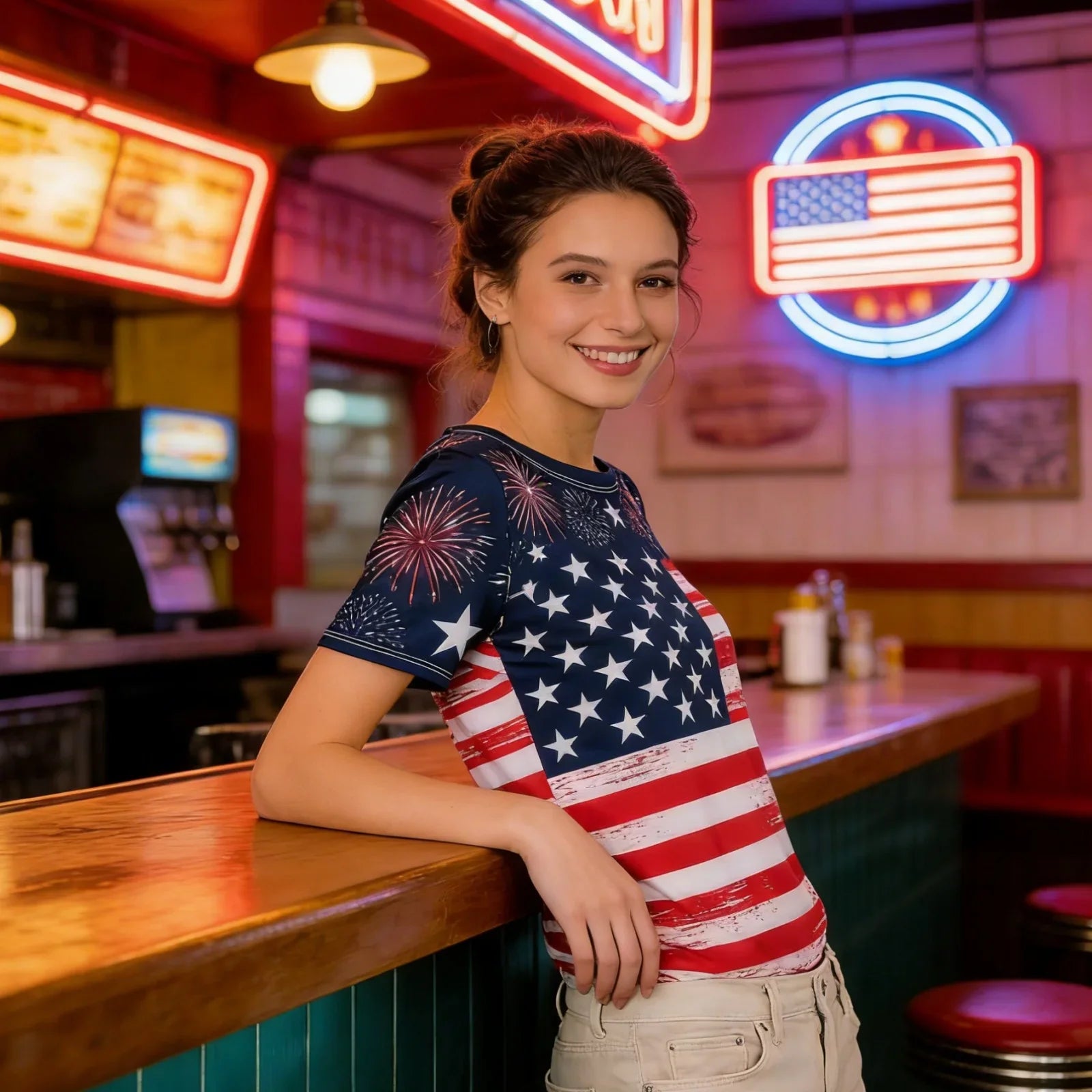 Women's 4th of July American Flag T Shirt Stylish Star Print Short Sleeve Round Neck Tops for Daily Wear