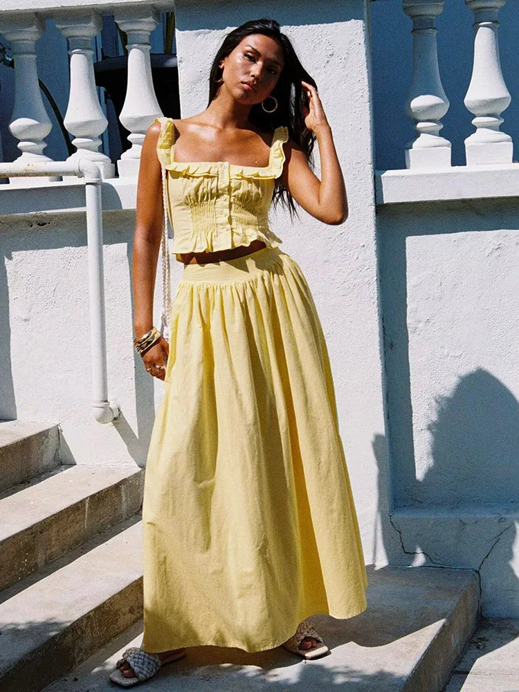 Summer Women White Cotton Dress Set 2025 Top+skirt 2 Pcs Outfit Ruffles Button Slim Top A-line Maxi Skirt Beach Casual Dress