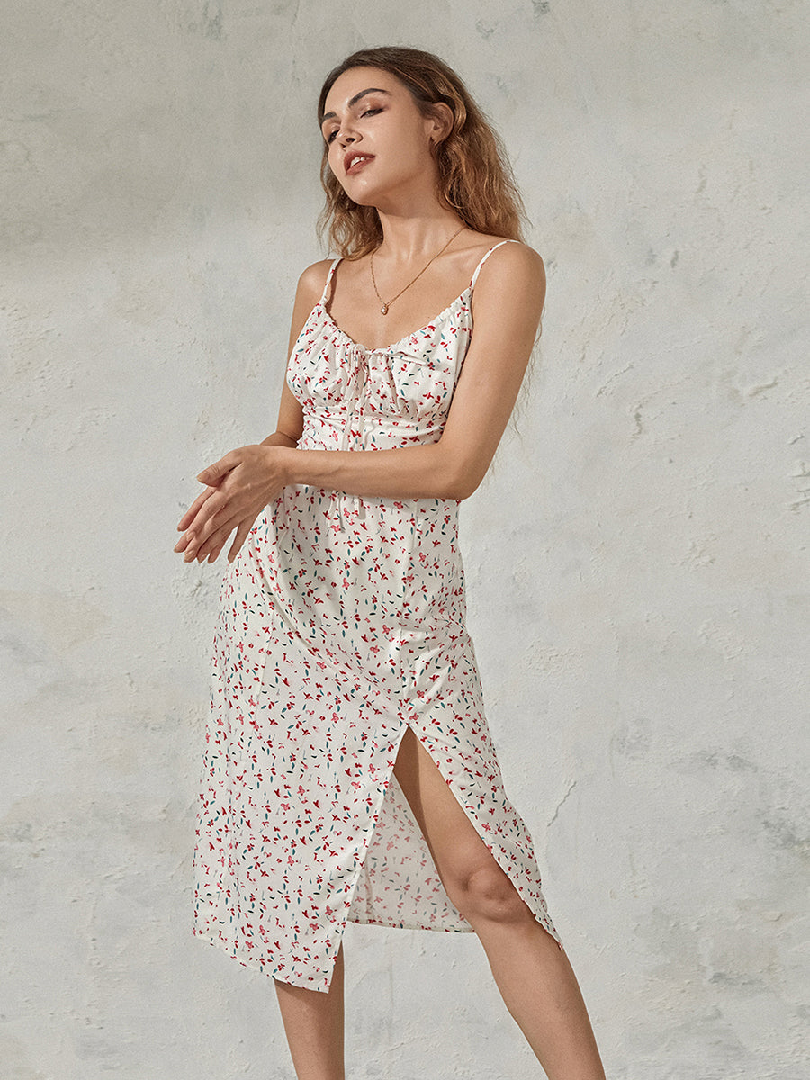 Women Summer Floral Print Party Club Midi Dress Sleeveless Spaghetti Strap Bustier Backless Thigh Slit Slim Dress