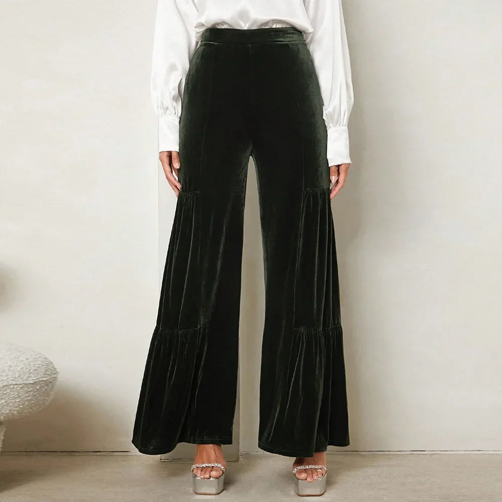 Autumn Winter Velvet Wide-Leg Pants Elegant Ruffled High-Waisted Straight-Leg Pants for Lady Casual Commuter Loose-Fit Trousers
