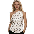 Women’s Satin Off Shoulder Tank Tops Trendy Sleeveless Dots Print Asymmetric Tops Summer Slim Fit Vest