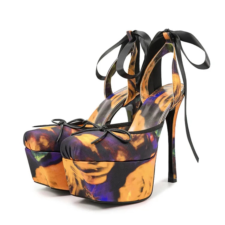 New Design Platform Women High Heeled Sandals for Woman's Square Toe Butterfly-Knot Ankle Riband Thin Heels Shoes Mujer Pumps
