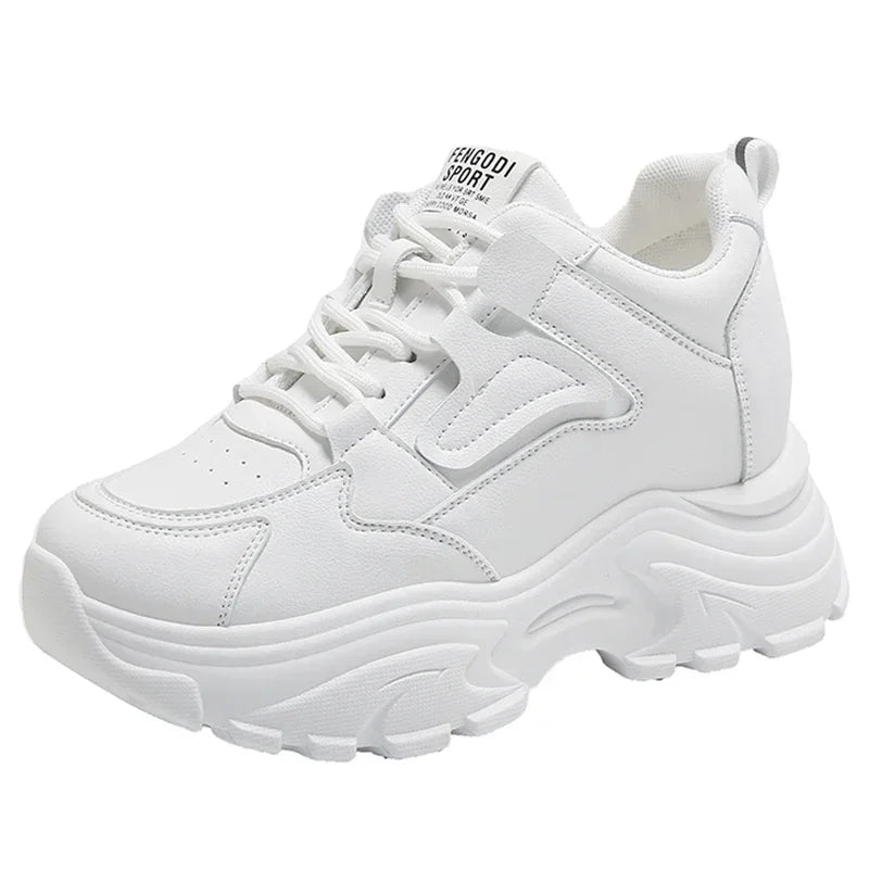 White Platform Women's Sneakers 2025 Autumn Lace-Up Thick Bottom Sports Shoes Woman Pu Leather Breathable Walking Shoes Female