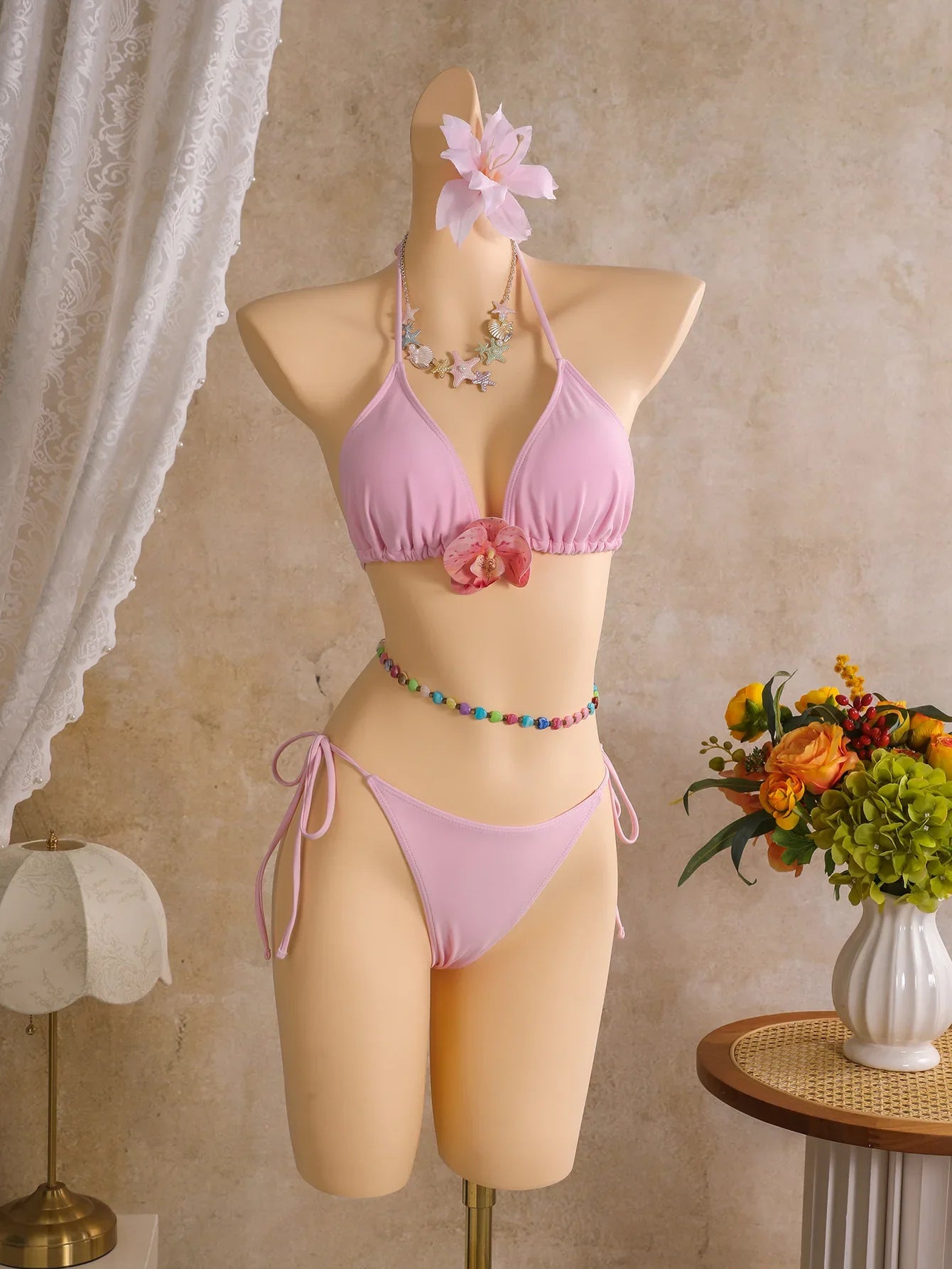 Vintage Pink Floral Tie Dye Gradient Bikini Set 2026 Women 3D Flower Push Up Bra Cover Up 3 Piece Swimwear Bathing Suit Swimsuit