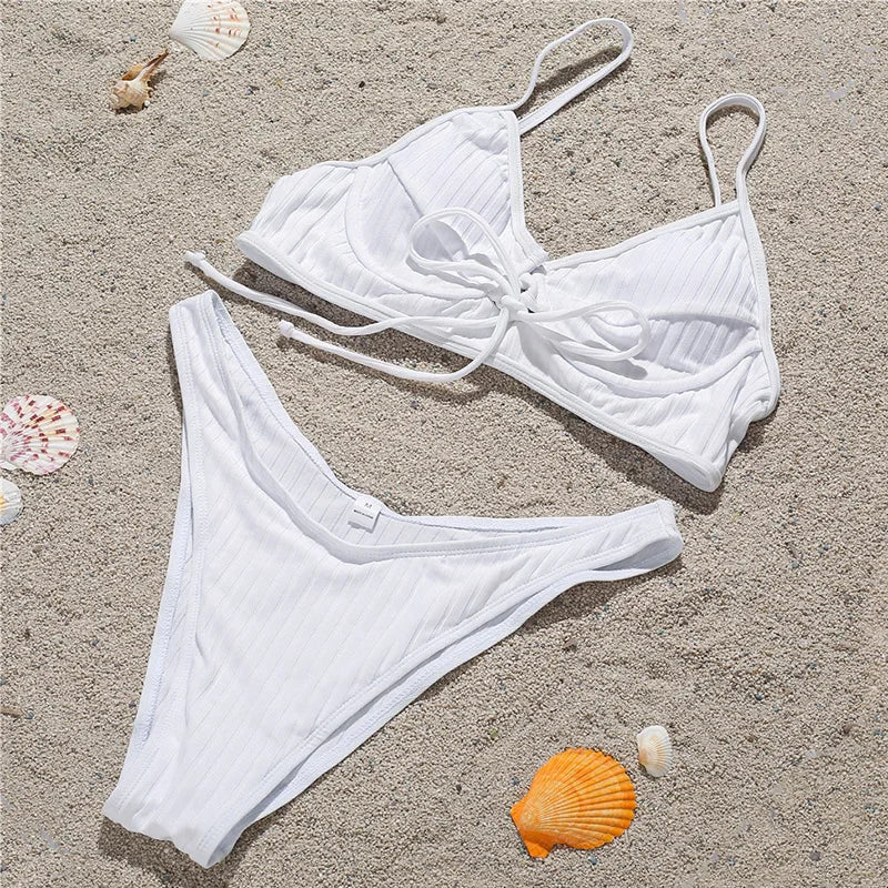 Ribbed Underwired V-Bar Bikini 2026 Women Swimsuit Female Swimwear Two Pieces Bikini Set Knotted Push Up Bathing Suit Swim Lady