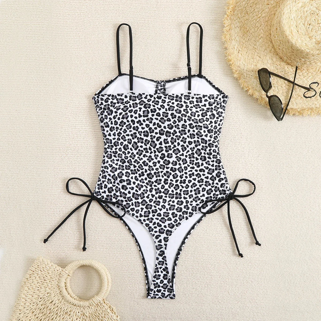 2026 Srappy Swimsuit One Piece Leopard Drawstring Swimwear Women Bathers Bathing Swimming Swim Suit Padded Beachwear Summer