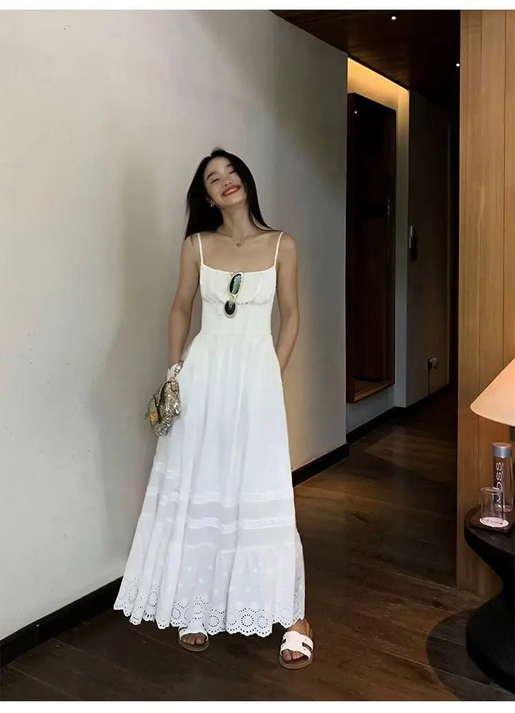 Women's Fashion All-Cotton Strap Long Dress Women's Satin Dress Lace Trim Elegant Evening Wear Dress For Woman Sleeveless GNTG