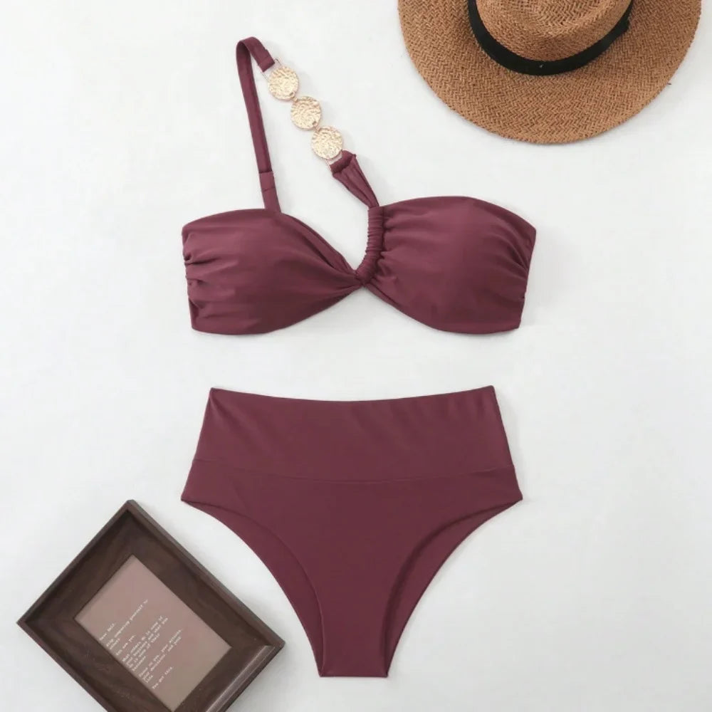 Sexy Metal Chain One Shoulder Bikini Set Women Solid Pleate Push Up Bra High Waist Swimsuit 2026 Bathing Suit Holiday Swimwear