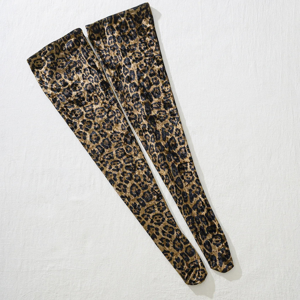 Women Leopard Print Bodysuit With Gloves Leggings Hollow Out Backless Deep V Suspenders Sleeveless Bodysuits Charming Thin 3X4C