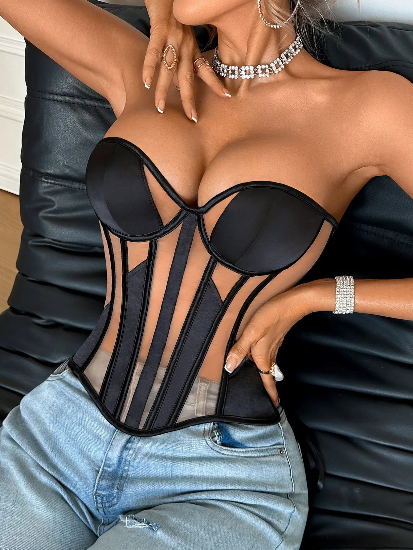 Mesh Thin Corset Sexy Erotic Tight Corset Fishbone Top Casaul Transparent Off-the-shoulder Pure Desire Elegant Top Charming 6EX2