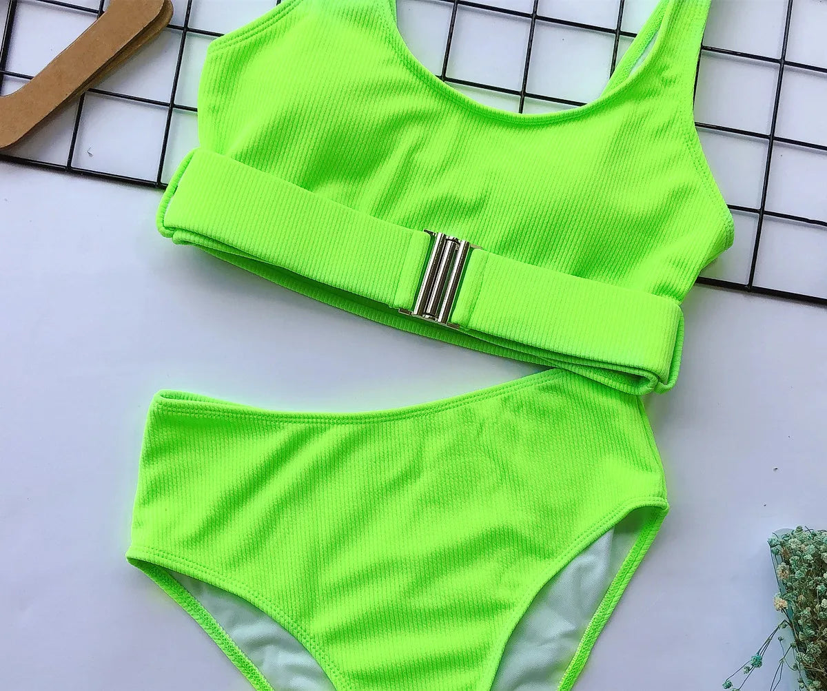 4 Colors Bikini Women Solid High Waist Swimwear Swimsuit Buckle Design Female Beach Bikinis Set Bathing Suit Bikini Taille Haute