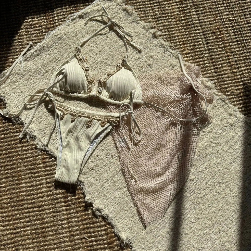 With Mesh Sarong Wrinkled Halter Shell Bikini Female Swimsuit Women Swimwear Three-pieces Bikini Set Bathing Suit Swim Beachwear