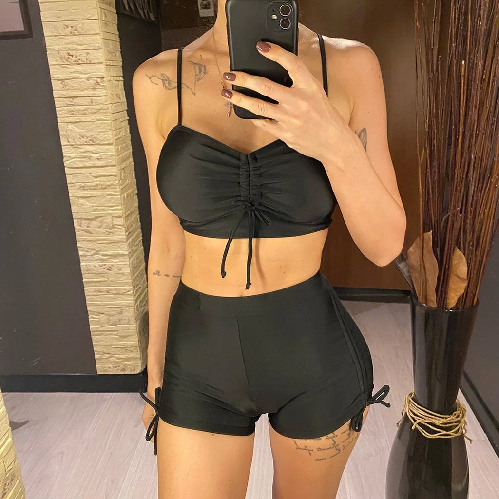 Wrinkled Knotted Shorts High Waist Bikini Female Swimsuit Women Swimwear Two-Pieces Bikini Set Bather Bathing Suit Swim V6197