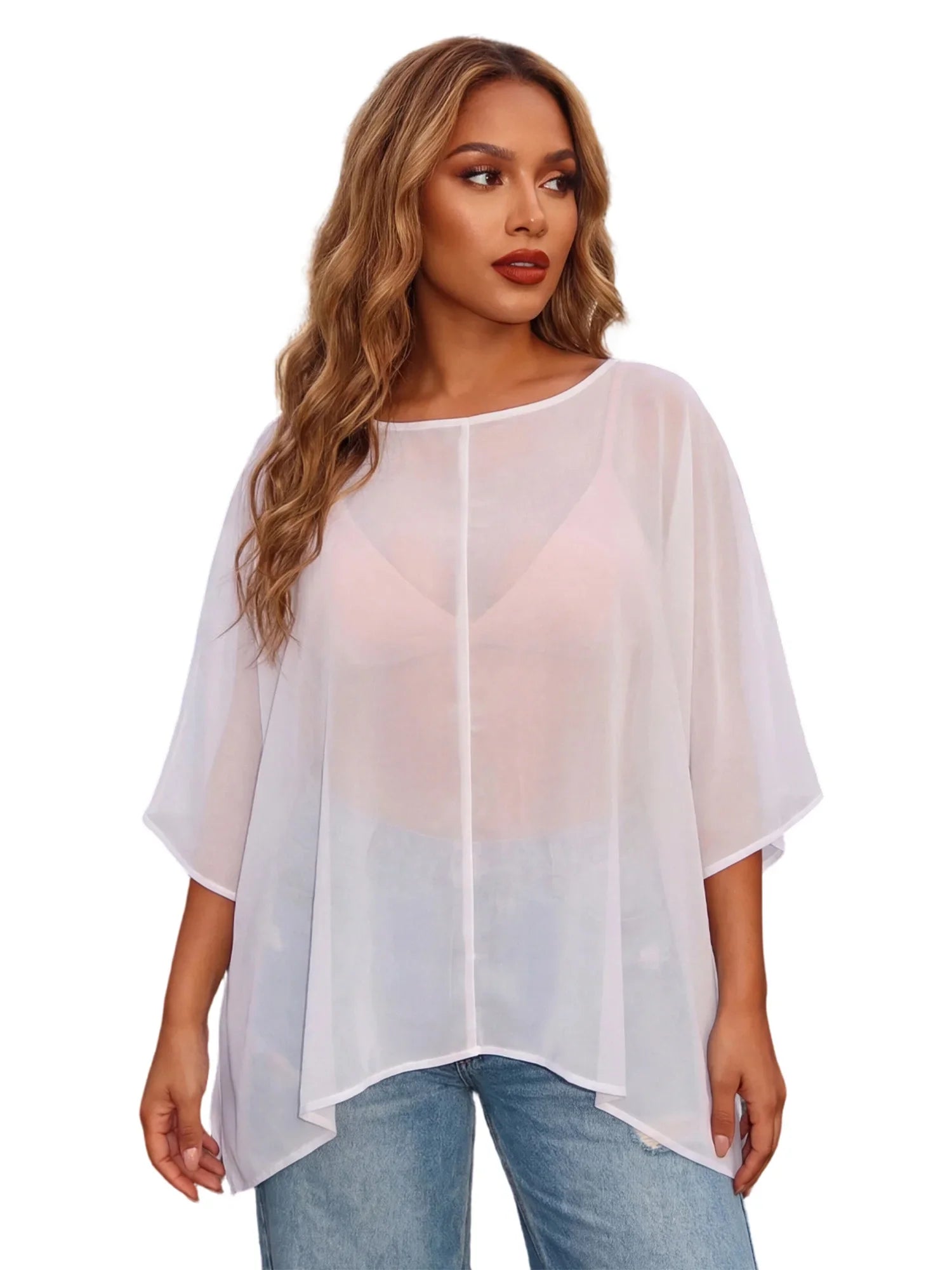Women Summer Holiday Beach Sheer T-shirts Short Sleeve Tops Oblique Neck Solid Color See-through Irregular Party Clubwear