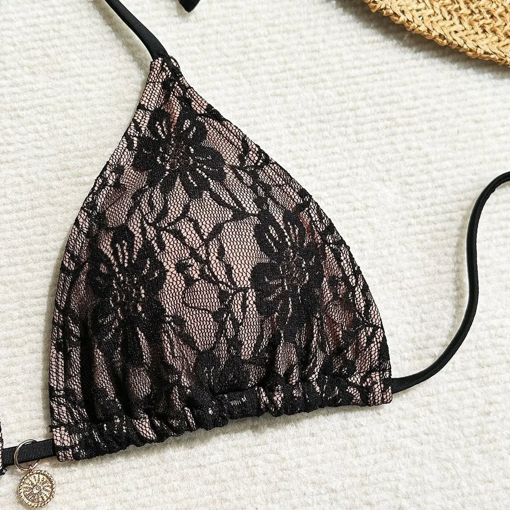 Sexy Lace Micro Mini String Halter Bikinis Sets 3pcs with Cover Skirt Black and Red 2 Color Swimwear Swimsuit Bathing Suit