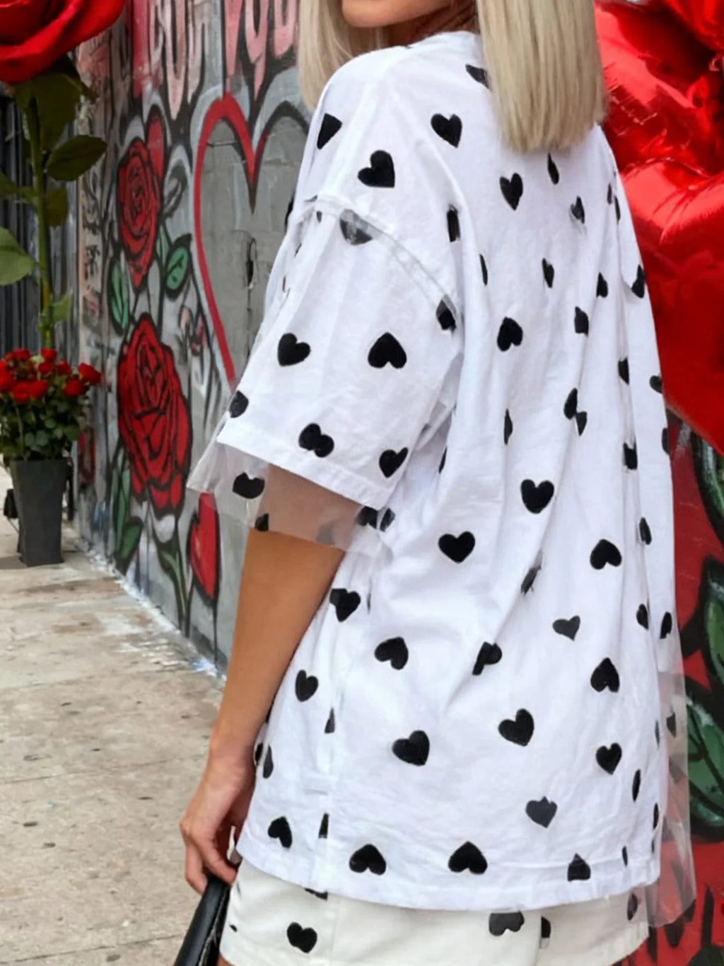Summer T-Shirt Women Casual Loose Fit Stylish Love Heart Print Crew Neck Short Sleeve Tops