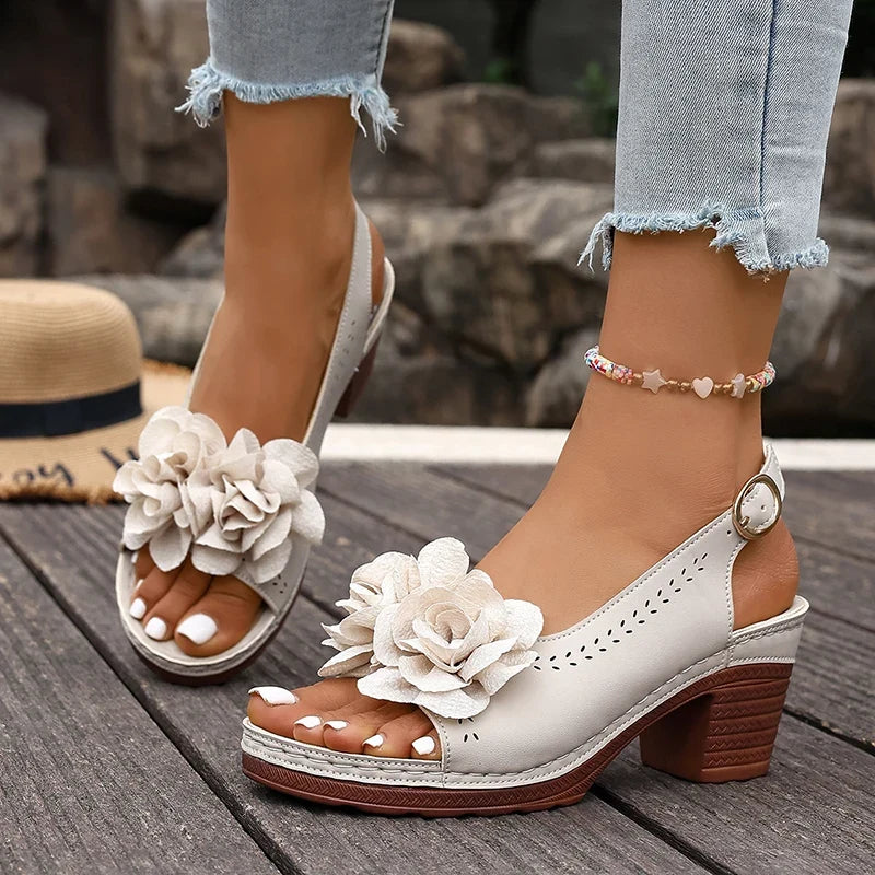 Summer Flower Decor Thick Heeled Sandals Women Plus Size 43 Lightweight High Heel Sandals Woman Back Strap Peep Toe Sandles 2026