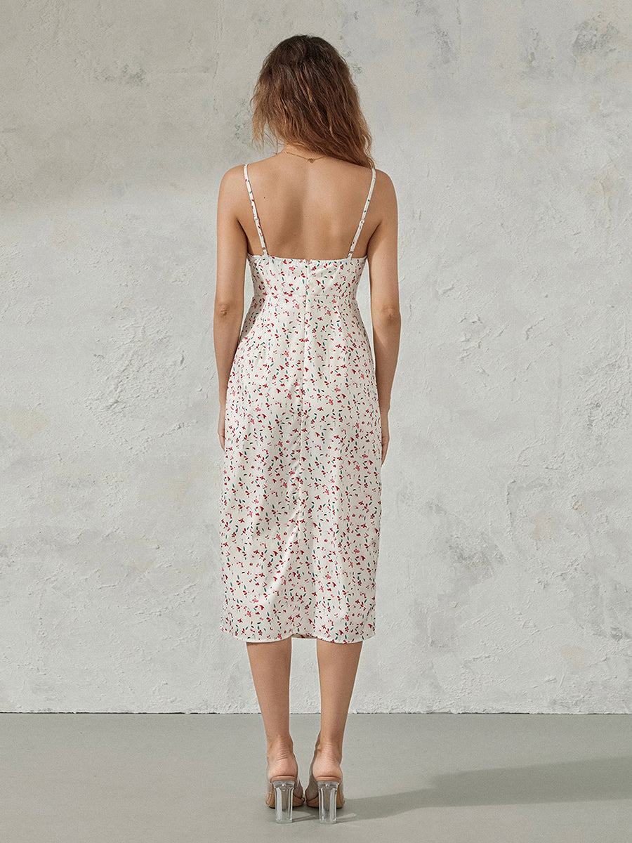 Women Summer Floral Print Party Club Midi Dress Sleeveless Spaghetti Strap Bustier Backless Thigh Slit Slim Dress