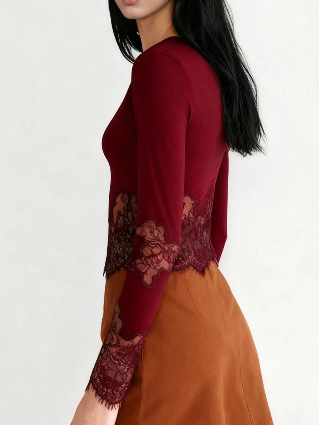 Women's Spring Summer Round Neck Tops Solid Color Long Sleeve Slim Fit Party Lace Patchwork T-shirts