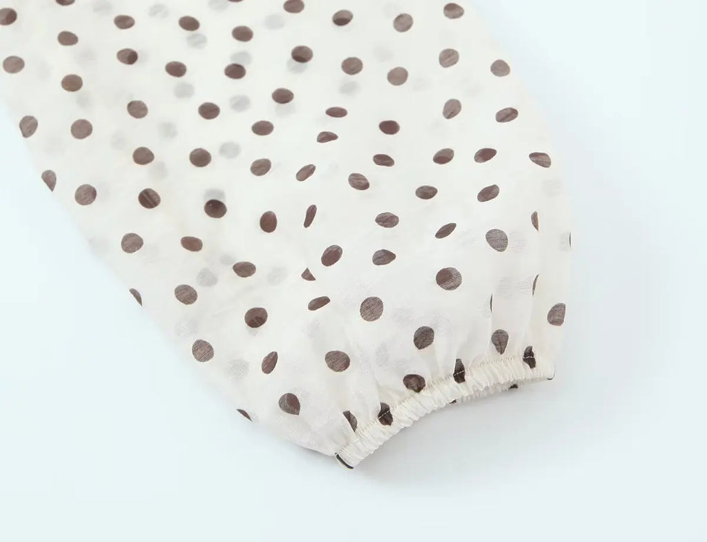 2026 Spring New Women Elegant Loose V Neck Wave Trim Polka Dot Blouse Thin Long Sleeve Top