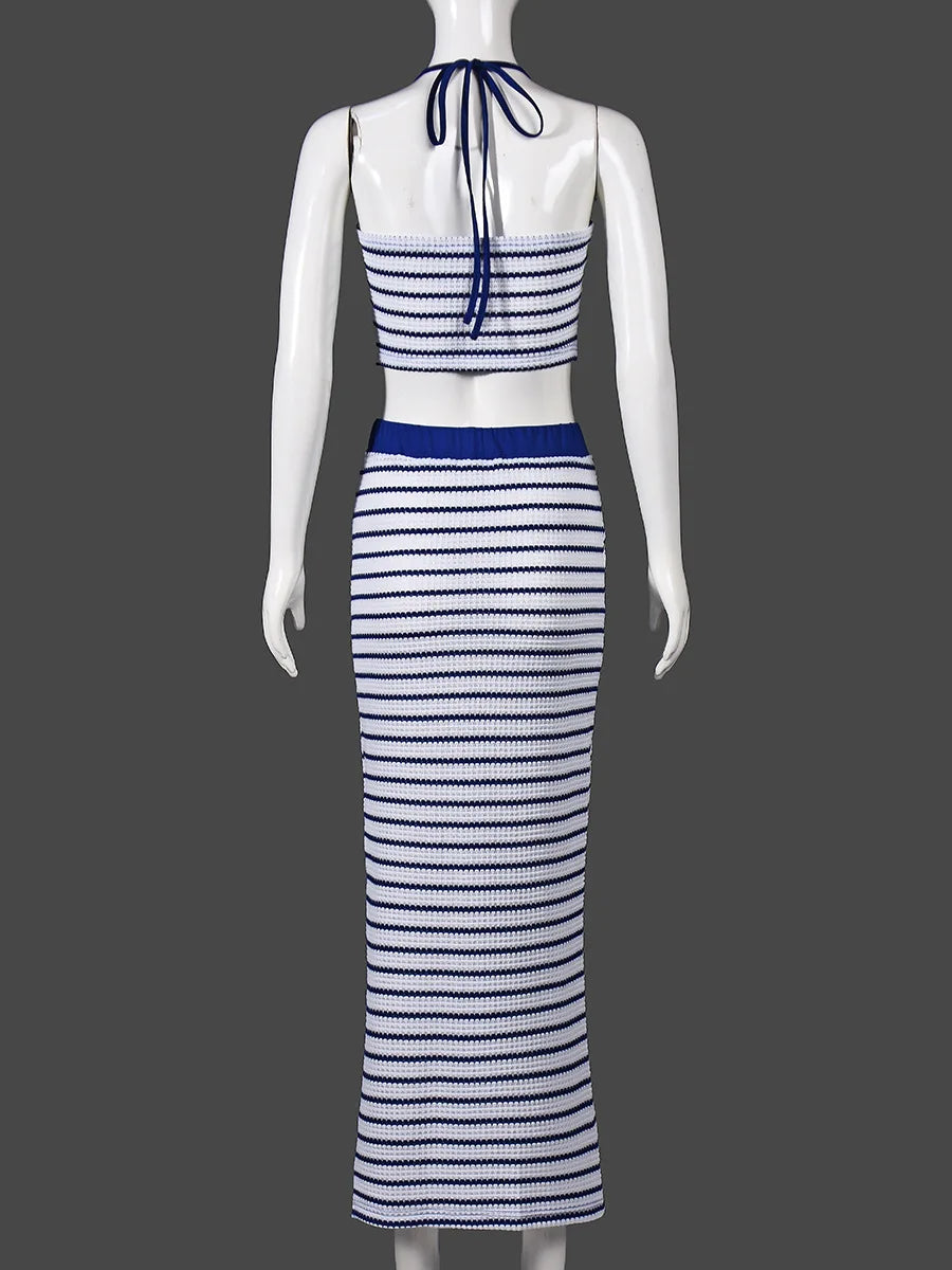 Summer slim temperament hot girl striped halterneck backless skirt suit vest casual suit