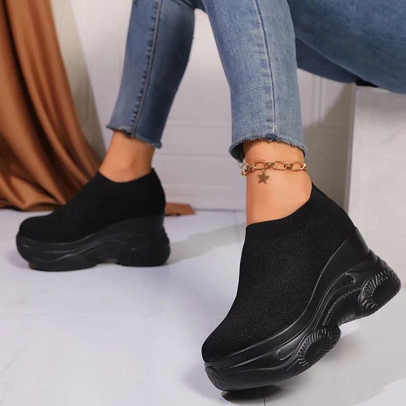 Black White Chunky Platform Knitted Sneakers Women Slip On Thick Bottom Vulcanizd Shoes Woman Breathable Mesh Walking Shoes