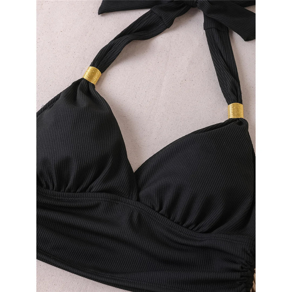 S - XXL 2026 Ribbed Halter Mid Waist Bikini Female Swimsuit Women Swimwear Two-Pieces Bikini Set Bather Bathing Suit Swim V6447
