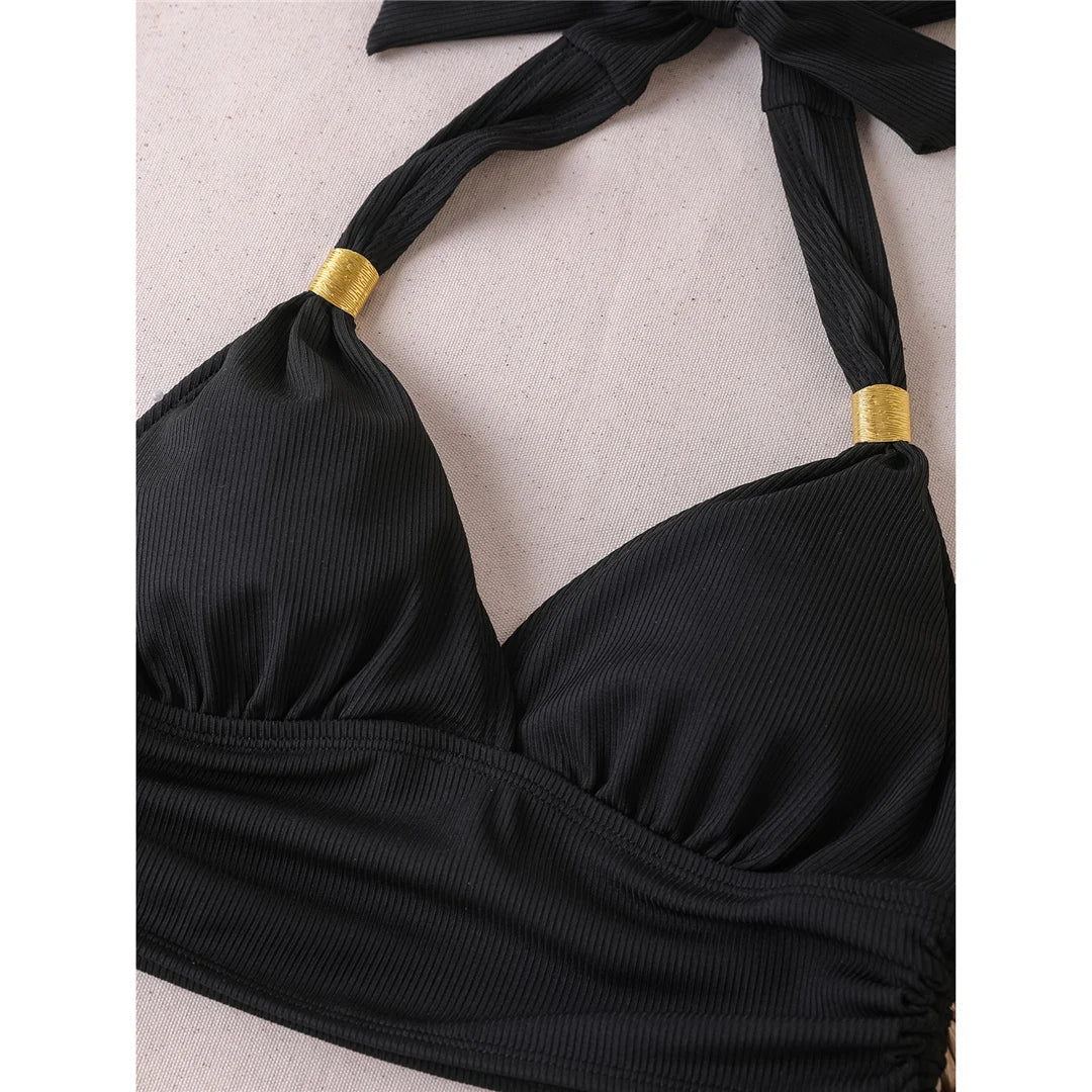 S - XXL 2026 Ribbed Halter Mid Waist Bikini Female Swimsuit Women Swimwear Two-Pieces Bikini Set Bather Bathing Suit Swim V6447