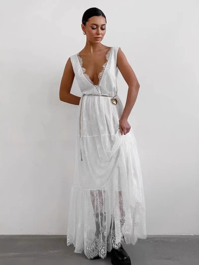 Sexy Deep V-neck Sleeveless Lace Dress Streetwear Women 2026 Backless Tunics A-line Party Dresses Long Maxi Robe Black White