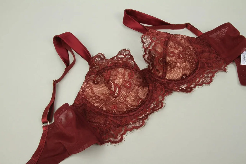 Französische Spitzen Büstenhalter Set Damen Sexy Tiefe V-Ausschnitt U-Rücken Große Oberweite Stützend Minimizer Sommer Neuheit