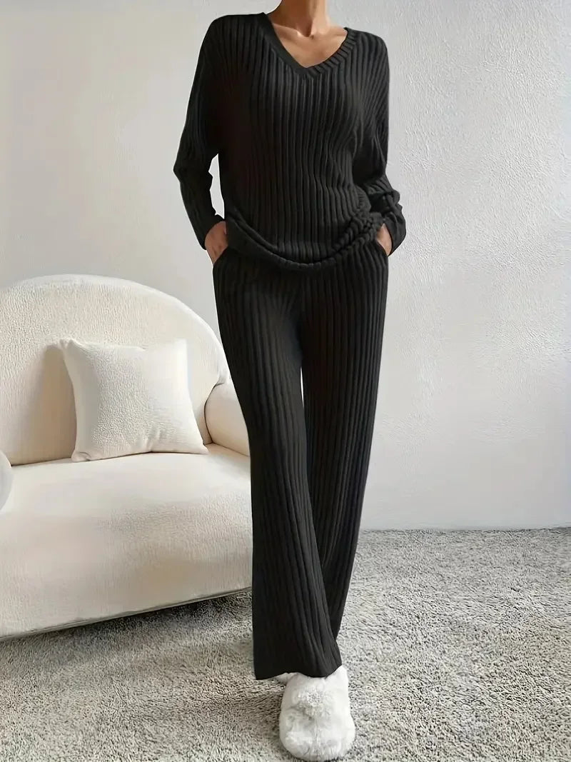 Autumn and Winter Casual V-neck Pocket Striped Knited Tops and Long Trousers Two-piece Sets, Women's Pajamas Set Sleepwear