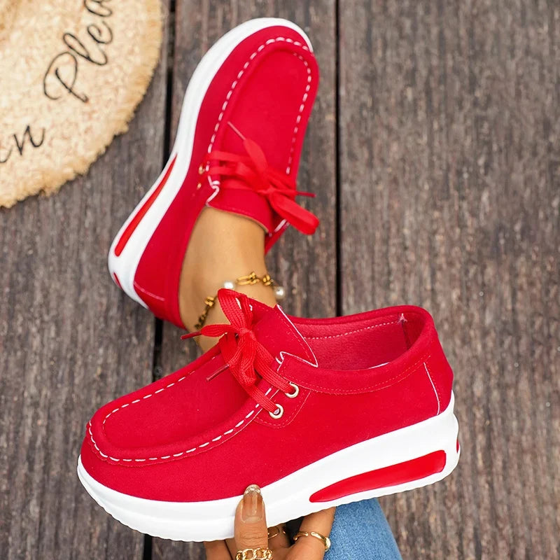 Red Chunky Platform Sneakers Women Comfortable Non Slip Thick Sole Casual Shoes Woman Plus Size 43 Lace Up Sport Shoes Female