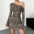 Spring Summer Off-Shoulder Sexy Leopard Print Long-Sleeve Dress European-Style Casual Backless Bell-Sleeve Mini Skirt Streetwear