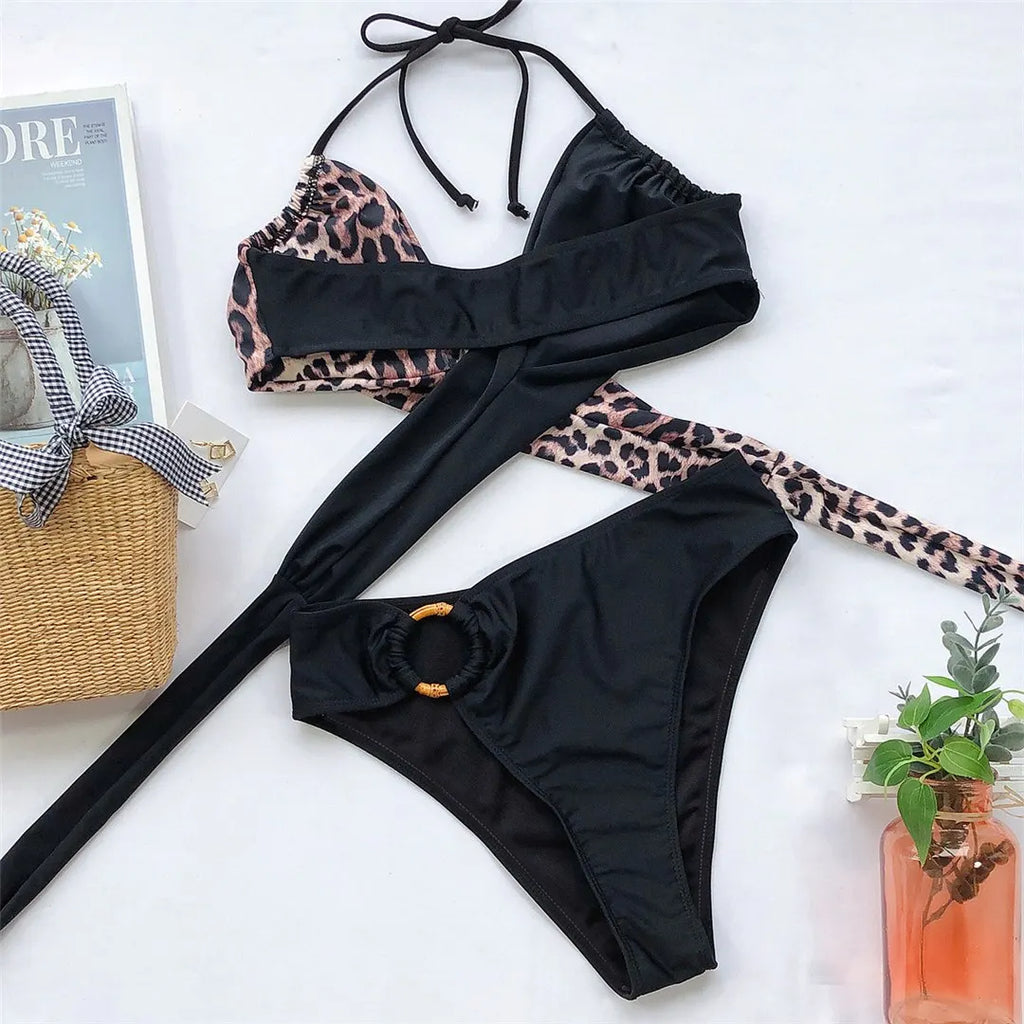 Sexy Mid Waist Splicing Leopard Bikini Female Swimsuit Women Swimwear Two-Pieces Bikini Set Bather Bathing Suit Swim Lady V2148