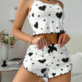 Summer Sleepwear Women Heart Print Relaxed Fit Pajama Set Round Neck Backless Crop Cami Top and Shorts Set Loungewear