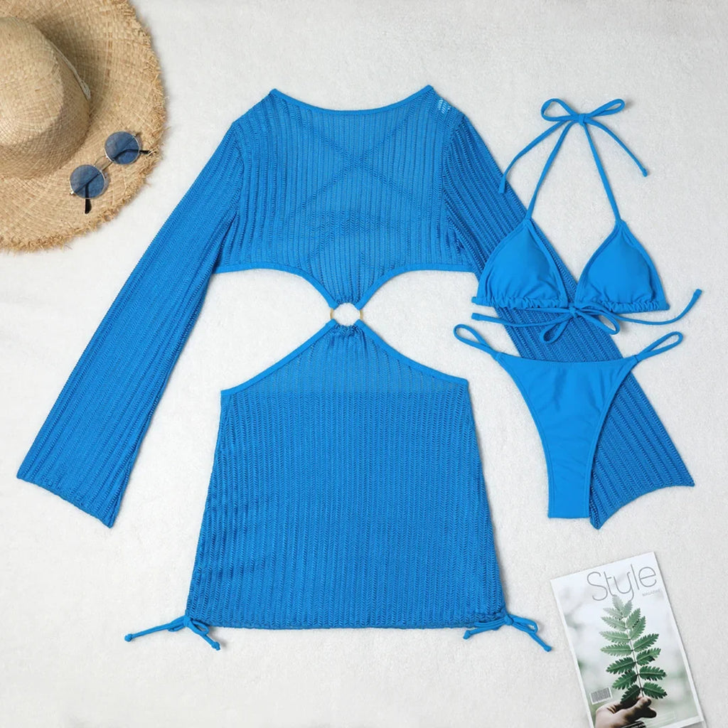 With Long Sleeve Cover Up Halter Bikini Women Swimwear Female Swimsuit Three-pieces Bikini set Bather Bathing Suit Swim V5123