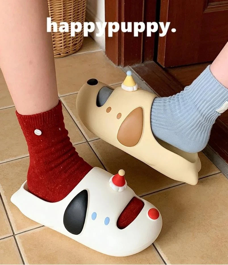 Cute Cartoon Dog Indoor Street Slippers For Women Summer House Shoes Soft EVA DIY Funny Birthday Hat Girls Home Beach Slides