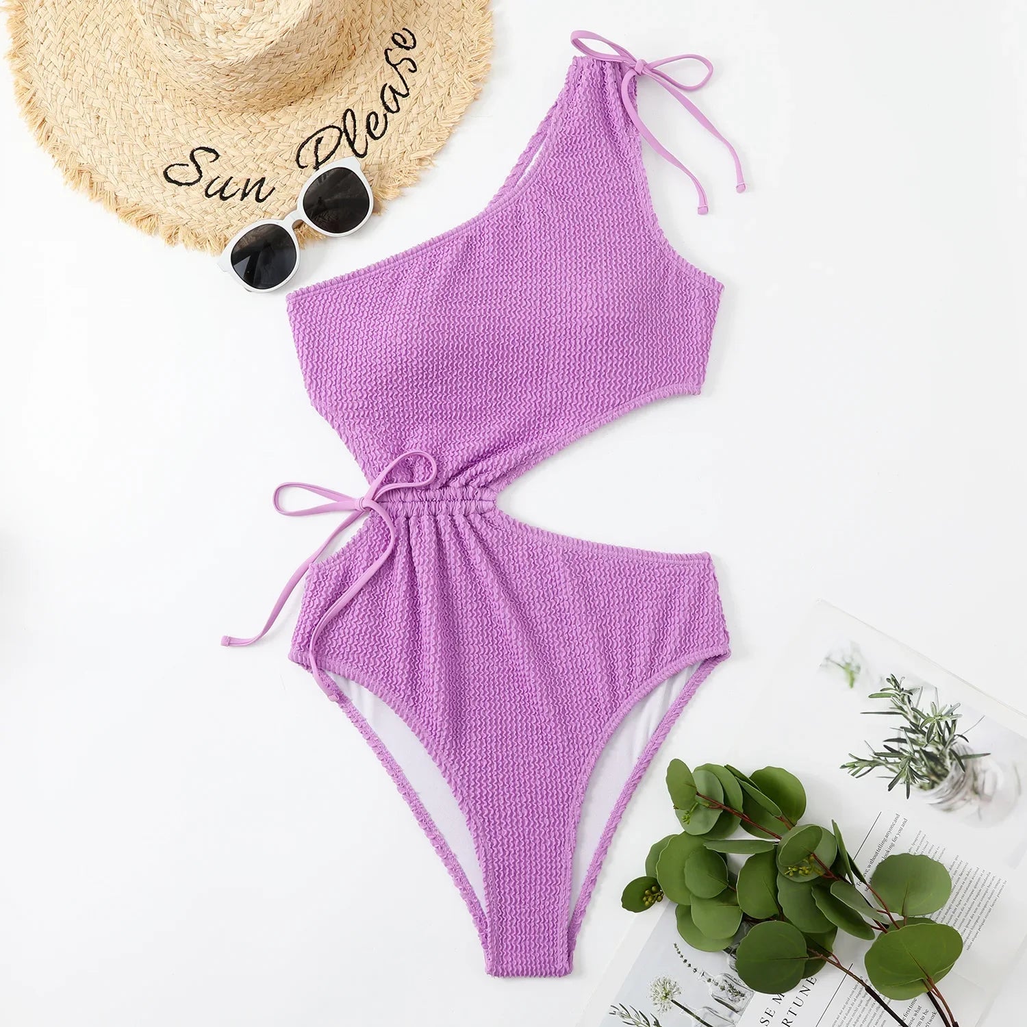 One Shoulder Women's Swimsuit One Piece Cut Out Sexy Swimwear Women 2022 Textured Monokini Solid Bathing Suit Beach Wear Purple