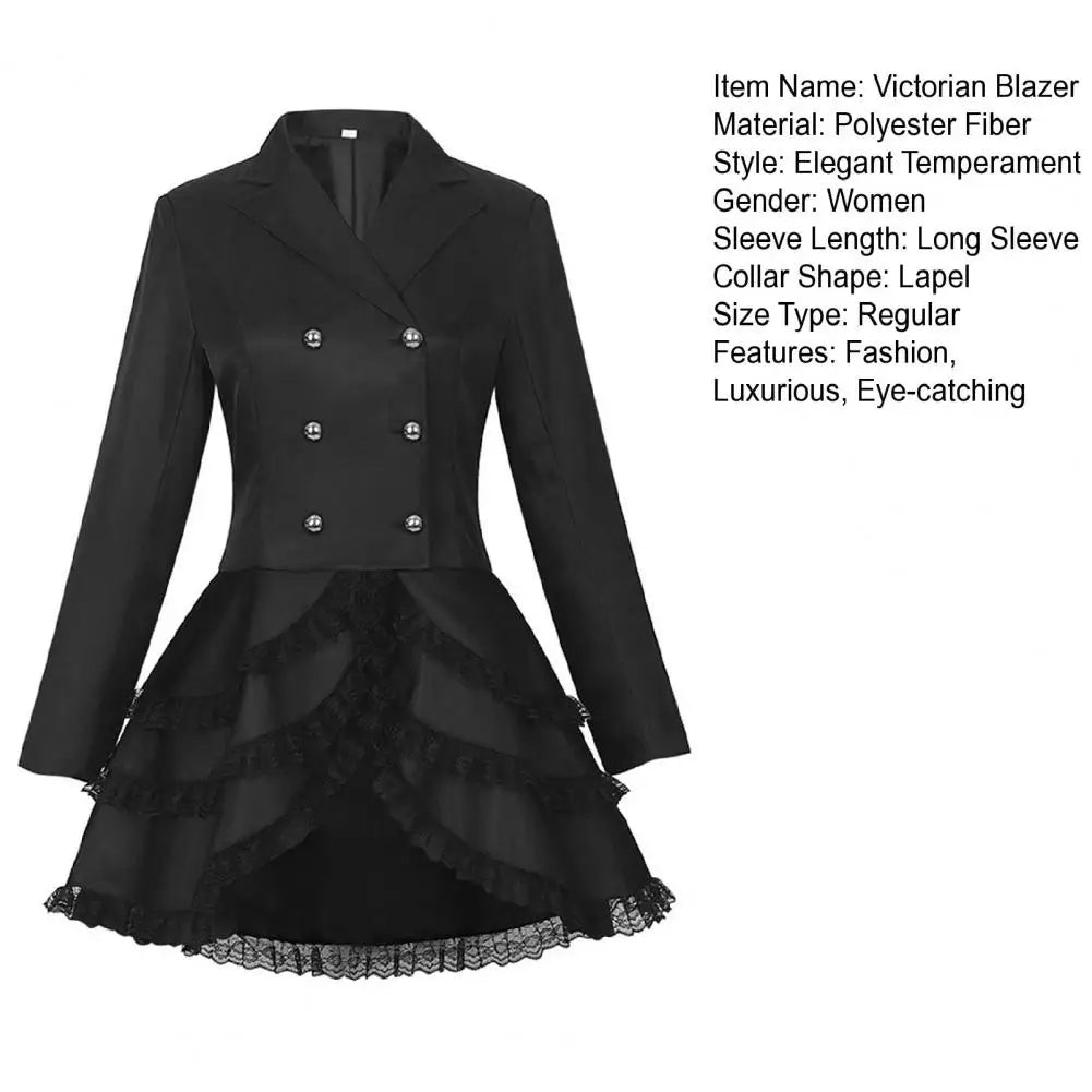 Women Double Breasted Victorian Steampunk Blazer Coat Gothic Tuxedo Tailcoat Jacket with Lace Hem Halloween Uniform Costume