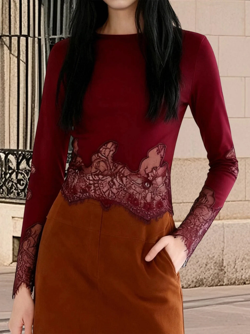 Women's Spring Summer Round Neck Tops Solid Color Long Sleeve Slim Fit Party Lace Patchwork T-shirts