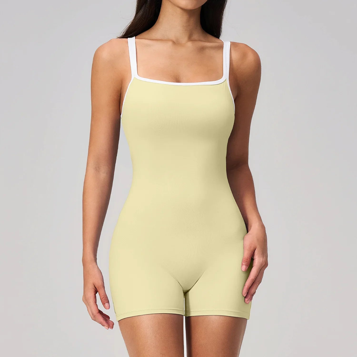 Tight Fitting One-piece Yoga Suit Women Color Bloack Square Collar Hollow Out Backless Butt-Lifting Gym Sports Short Jumpsuit
