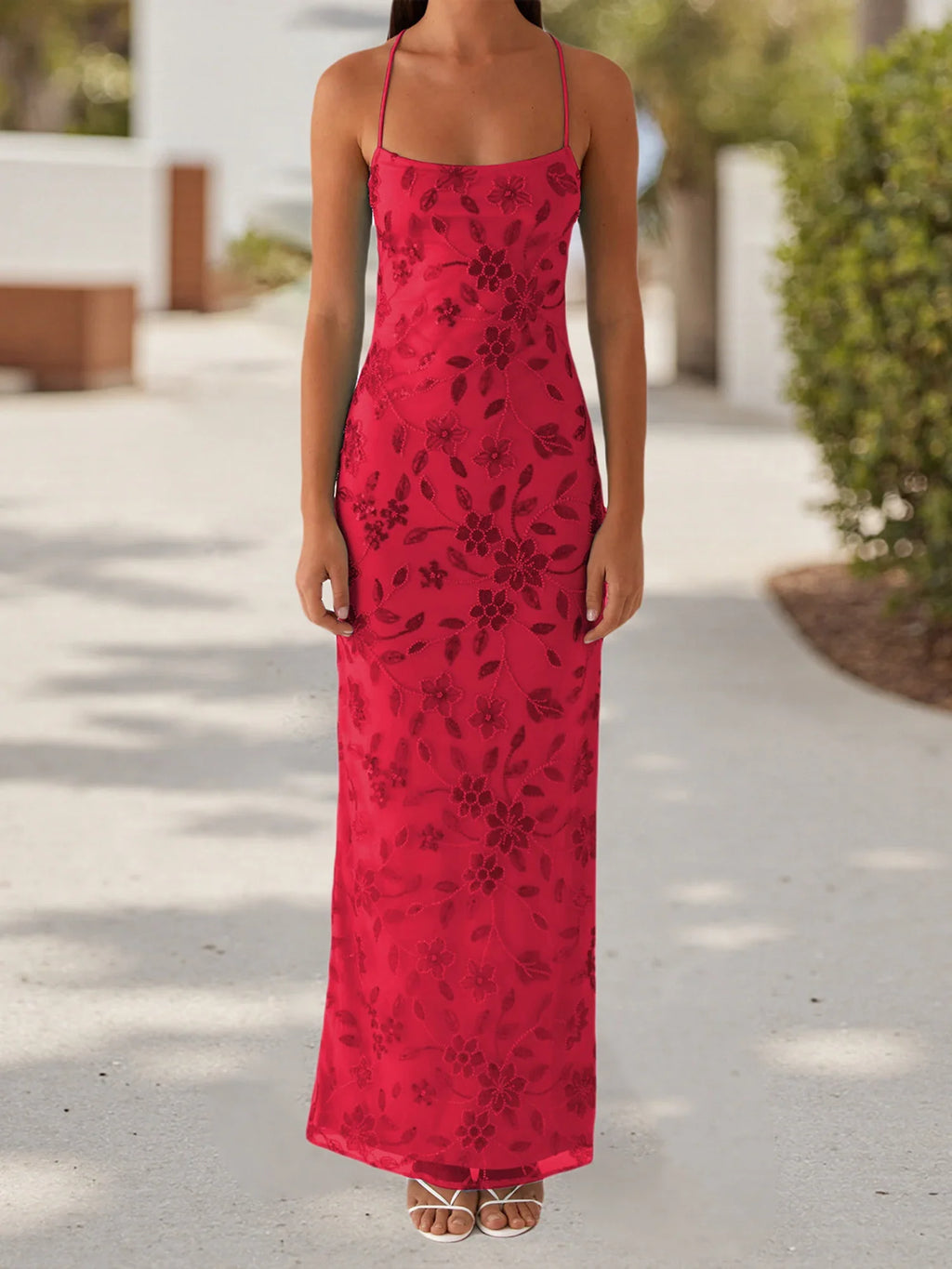 Women Summer Glitter Sequin Beaded Flower Cami Dress Slim High Split Spaghetti Strap Open Back Long Dresses for Party Club
