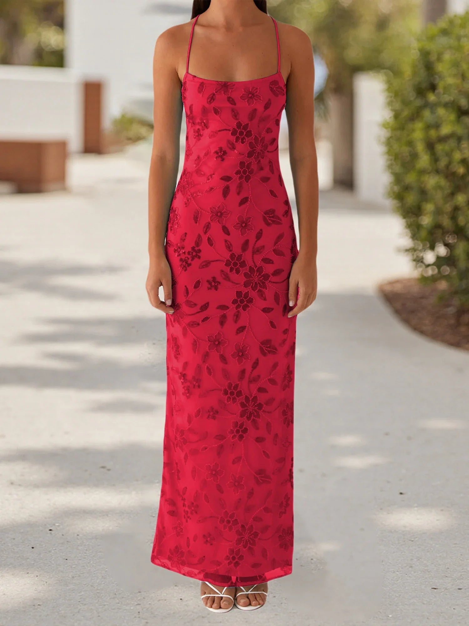 Women Summer Glitter Sequin Beaded Flower Cami Dress Slim High Split Spaghetti Strap Open Back Long Dresses for Party Club