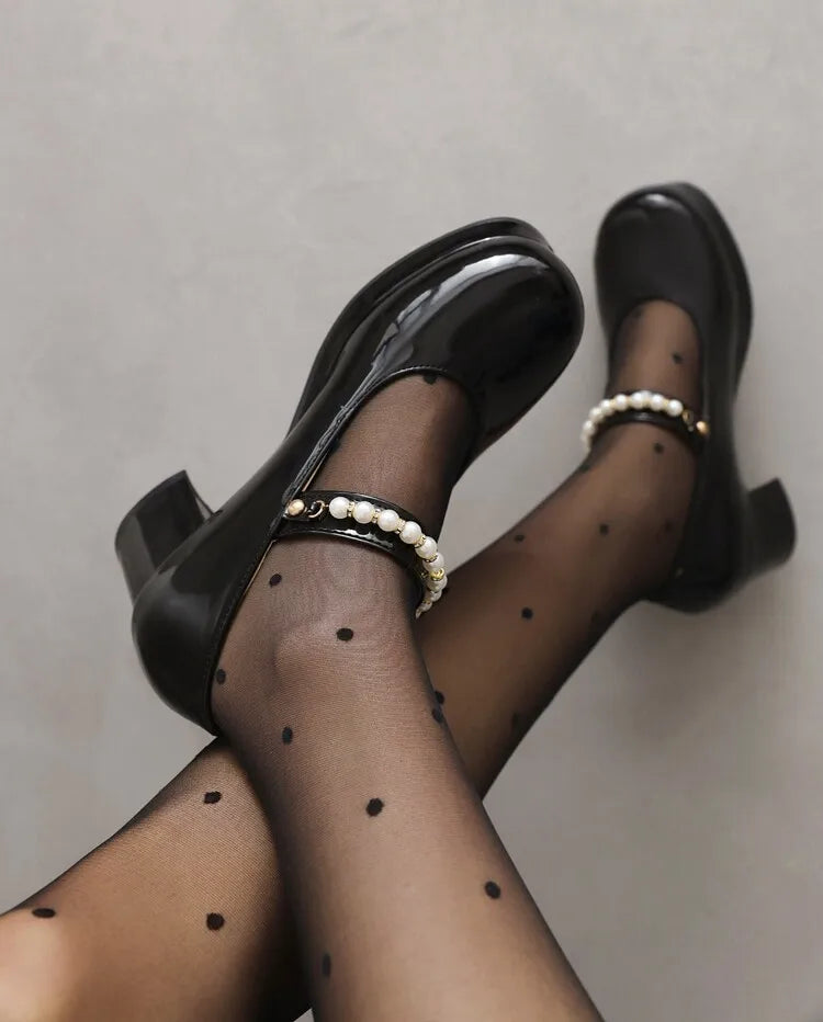 Pearl Beaded High Heels Shoes Ladies Wedding Mary Janes Block Heeled Pumps Woman Hook&Loop Tacones Wedges Escarpins Femme