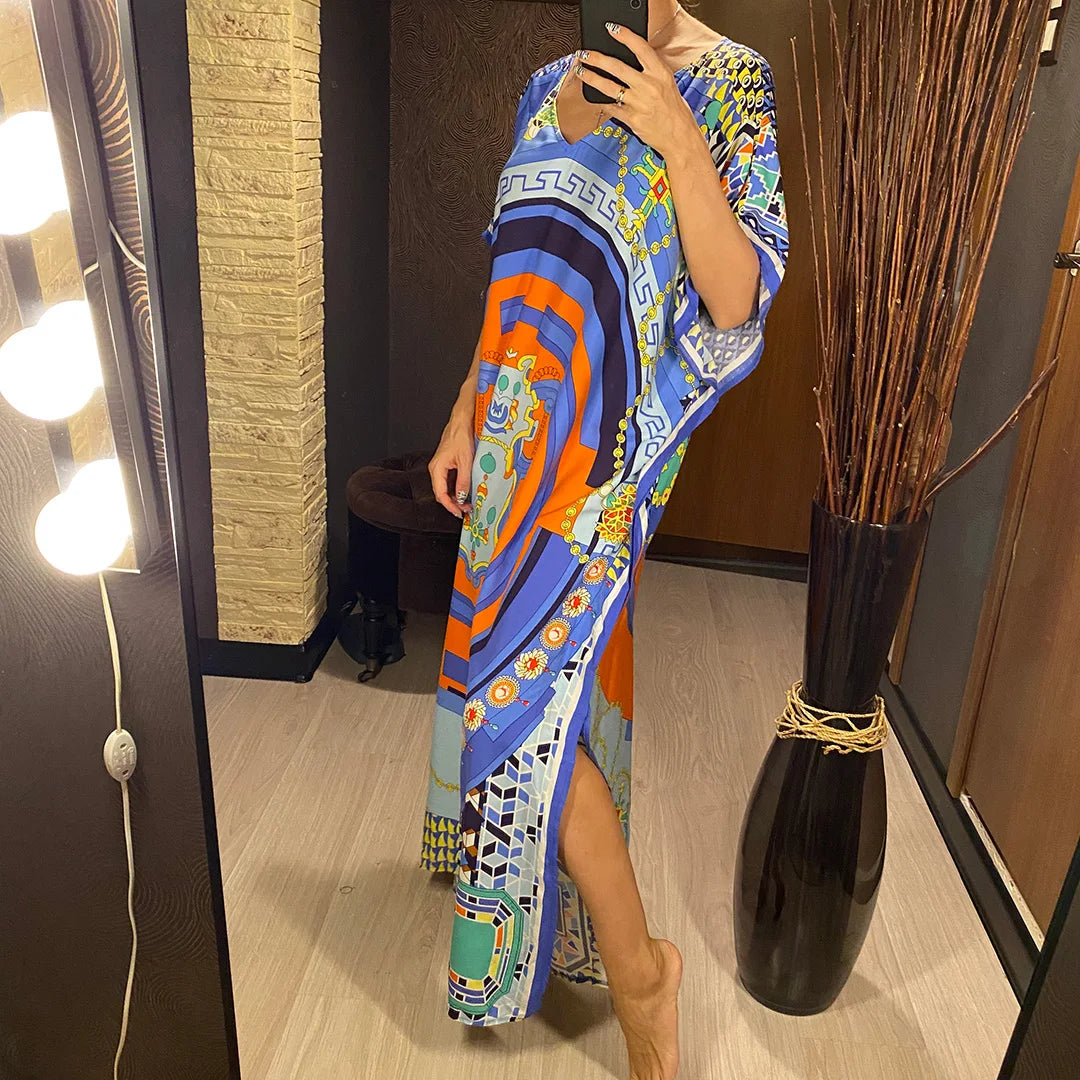2026 New Colorful Kaftan Tunic Beach Dress Beach Wear Beachwear Beach Cover Up Cover-upsLoose Maxi Dress Female Women V4428