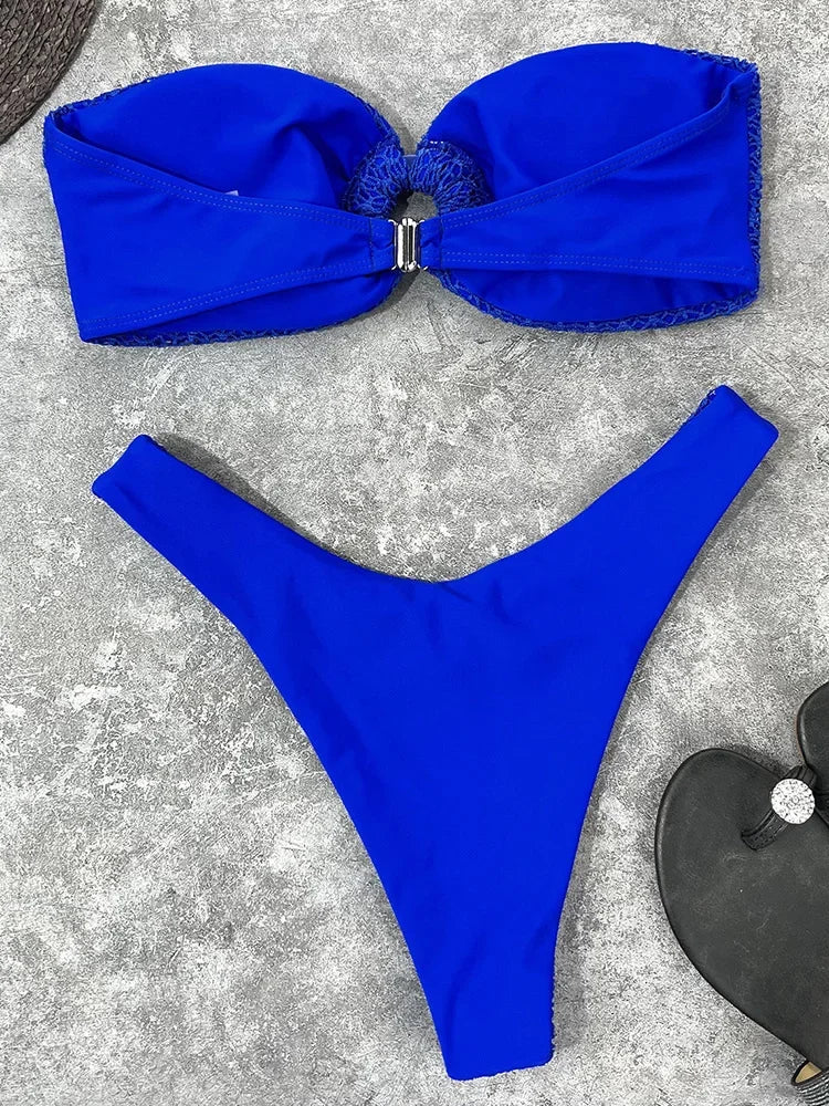 Sexy Fishnet Strapless Bandeau Bikini Women Swimsuit Female Swimwear Two-pieces Bikini set High Cut Bather Bathing Suit Swim