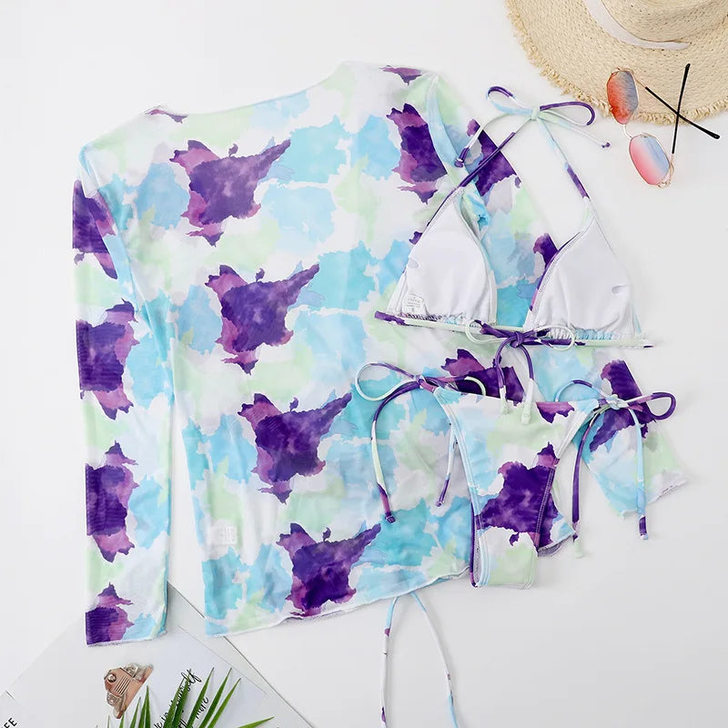 DEKA Sold Triangle Bikini Set Blouse Swimsuit Women Printed Halter Swimwear Cover Up Beach Wear 3 Pieces Sheer Bathing Suit