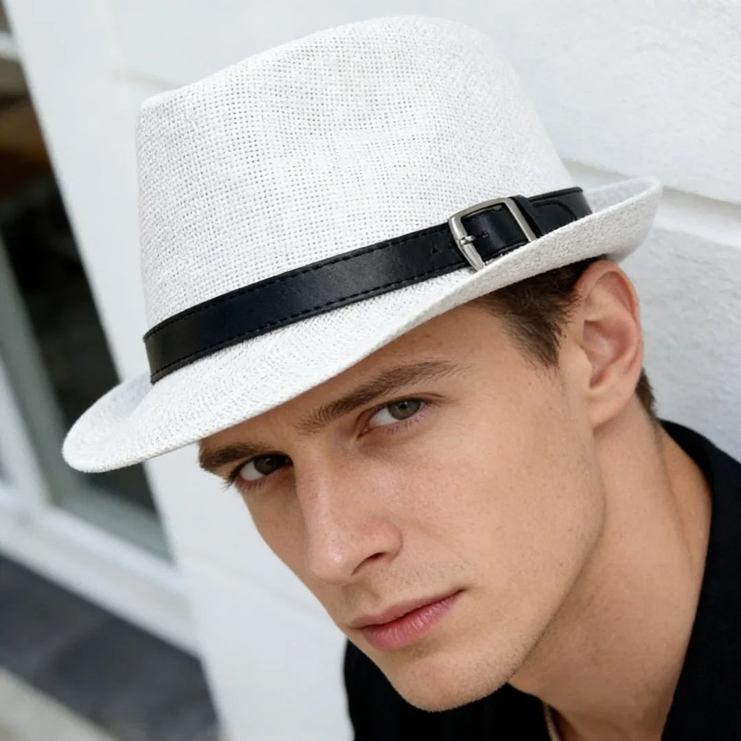 Fashion Men Jazz Fedora Hat Summer Straw Beach Sun Hat Short Brim Trilby with Belt Breathable Buckle Panama Cap