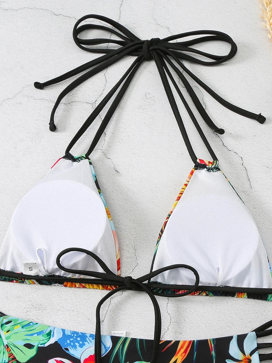 Halter String Floral Bikini 2026 High Waist Swimsuit Women Padded Swimwear Female Bathers Bathing Swimming Swim Suit Beachwear